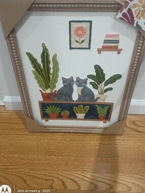 BP Home Embroidered Woven Cats Window Plants Books Wall Art